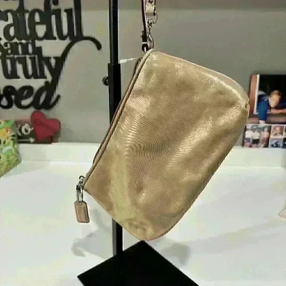Coach Wristlet Handbag Leather Gold Metallic Shimmer Silver Hardware Rectangle - Picture 3 of 4